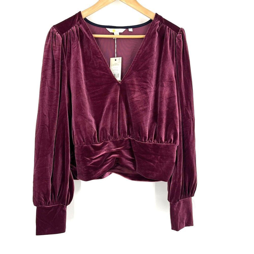 Boden Shirt Size 14 Womens Wine Red V Neck Blouson Crop Top Long Sleeve Stretch